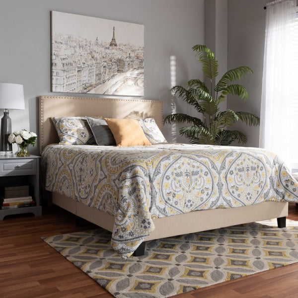 Baxton Studio Baxton Studio Ramon Full Size Upholstered Panel Bed in Beige Linen with Nailhead Trim - Modern Comfort Ramon-Beige-Full
