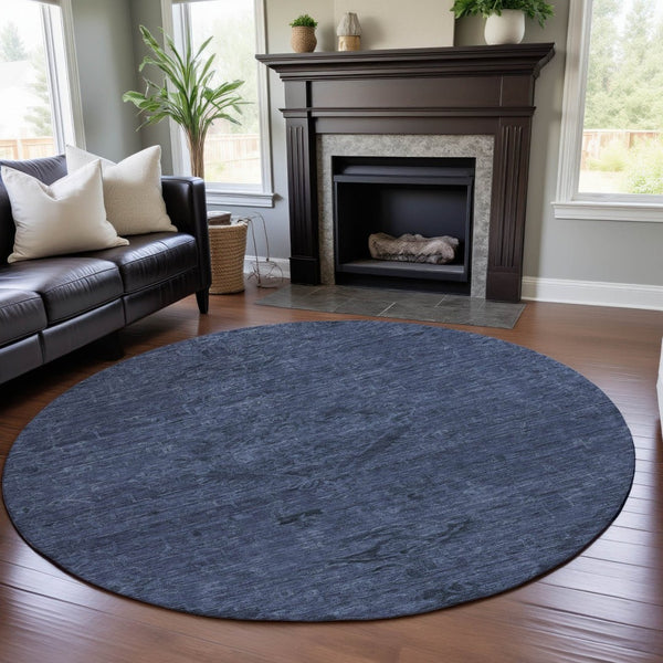 HomeRoots 8' Navy Blue and Gray Medallion Round Rug - Washable, UV-Protected, Stain Resistant for Easy Care 684621