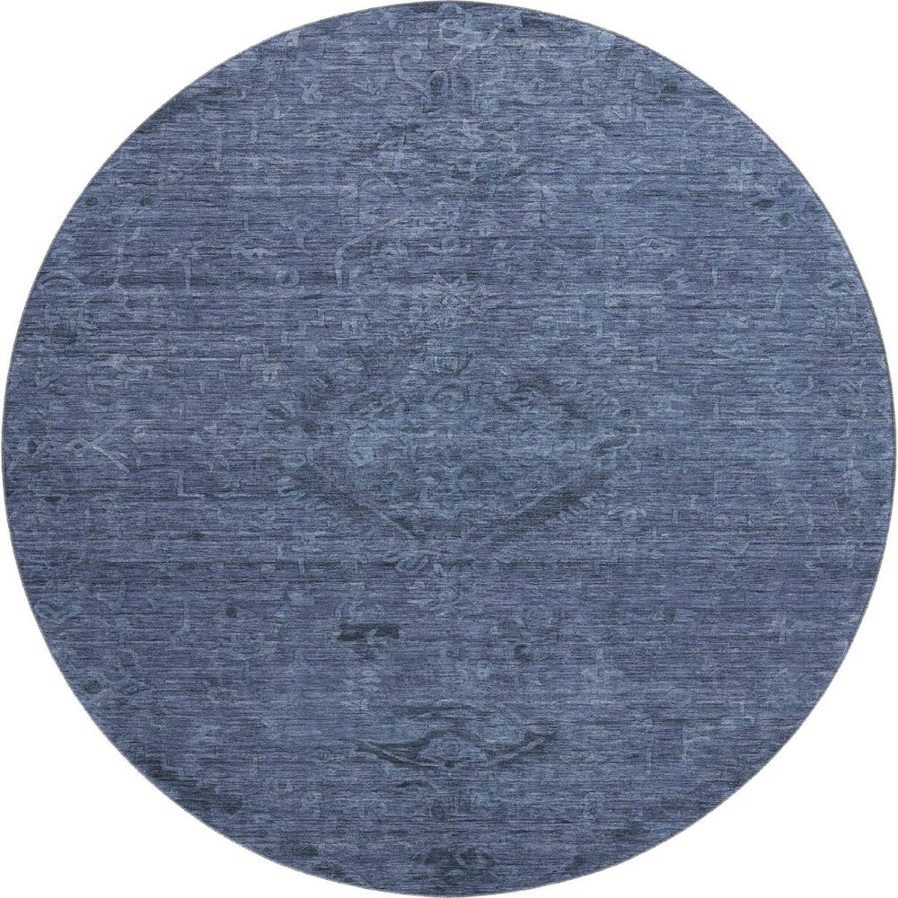 HomeRoots 8' Navy Blue and Gray Medallion Round Rug - Washable, UV-Protected, Stain Resistant for Easy Care 684621