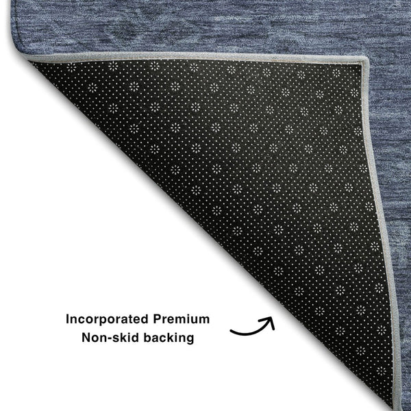 HomeRoots 8' Navy Blue and Gray Medallion Round Rug - Washable, UV-Protected, Stain Resistant for Easy Care 684621