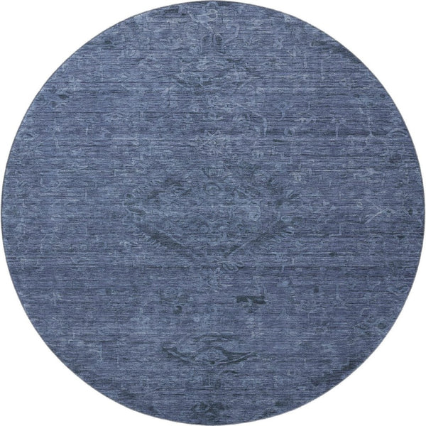 HomeRoots 8' Navy Blue and Gray Medallion Round Rug - Washable, UV-Protected, Stain Resistant for Easy Care 684621