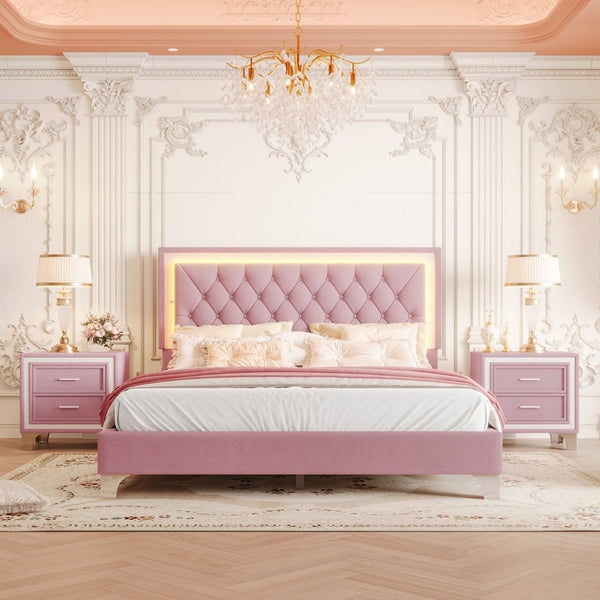 English Elm 3-Pieces Tufted Upholstered Platform Bed with Romantic LED Headboard and Two Storage Nightstands Pink 63.98 L x 23.23 W x 5.91 H N733S183659H