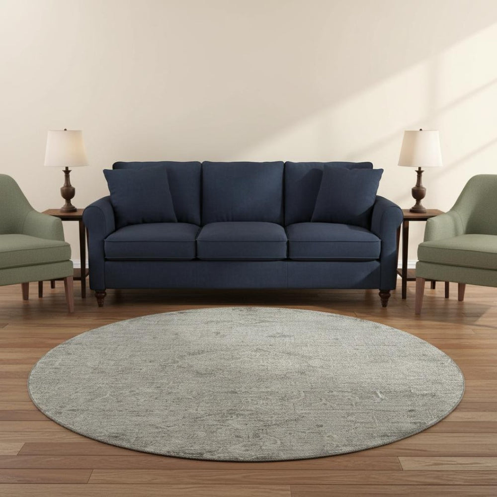 HomeRoots 8' Elegant Pewter & Silver Medallion Round Rug - Washable, UV Protected, Ideal for Busy Homes 684633