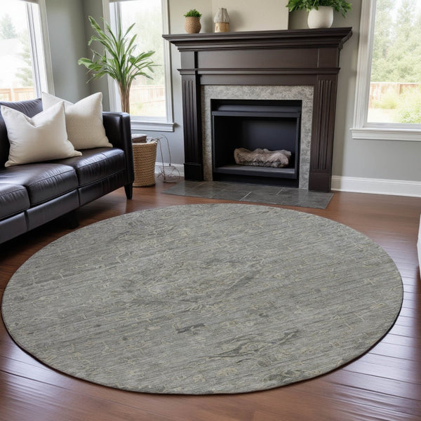 HomeRoots 8' Elegant Pewter & Silver Medallion Round Rug - Washable, UV Protected, Ideal for Busy Homes 684633