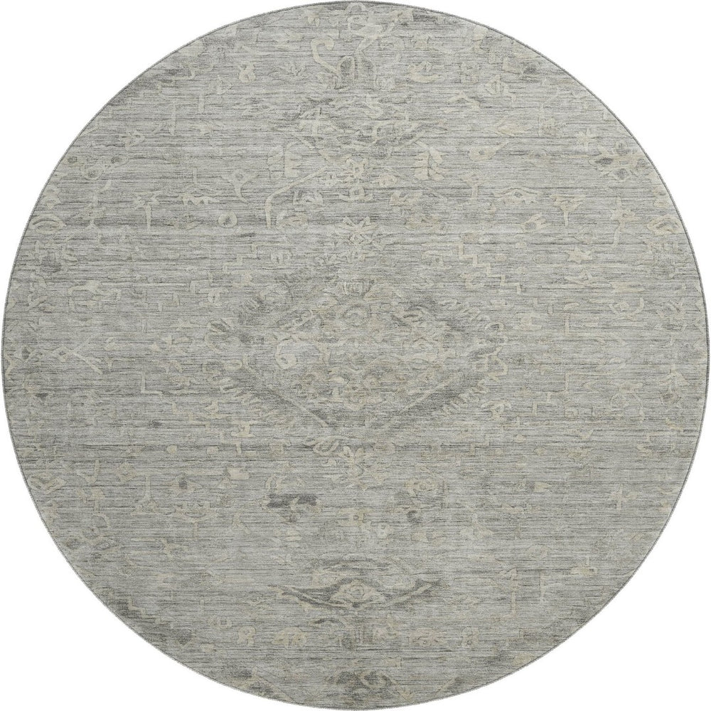 HomeRoots 8' Elegant Pewter & Silver Medallion Round Rug - Washable, UV Protected, Ideal for Busy Homes 684633