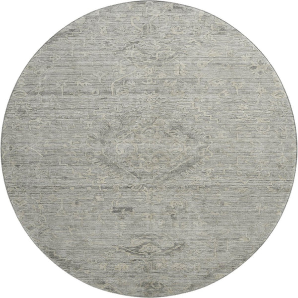 HomeRoots 8' Elegant Pewter & Silver Medallion Round Rug - Washable, UV Protected, Ideal for Busy Homes 684633