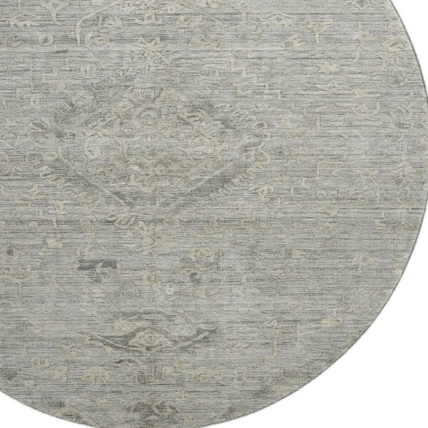 HomeRoots 8' Elegant Pewter & Silver Medallion Round Rug - Washable, UV Protected, Ideal for Busy Homes 684633