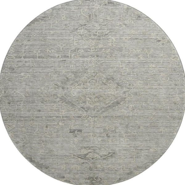 HomeRoots 8' Elegant Pewter & Silver Medallion Round Rug - Washable, UV Protected, Ideal for Busy Homes 684633