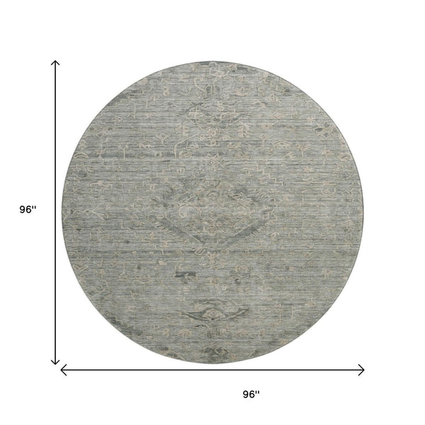 HomeRoots 8' Sage and Beige Medallion Round Rug - Washable, UV-Protected, Stain-Resistant for Any Space 684639