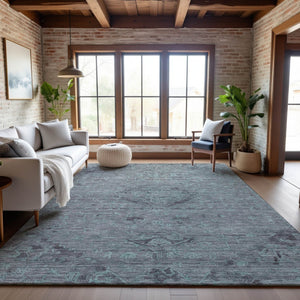 HomeRoots 5' X 8' Teal and Gray Medallion Area Rug - Washable, Durable, UV Protected & Stain Resistant Design! 684644