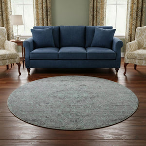 HomeRoots 8' Teal and Gray Medallion Round Rug - Durable, Washable with UV Protection for Stylish Homes 684645