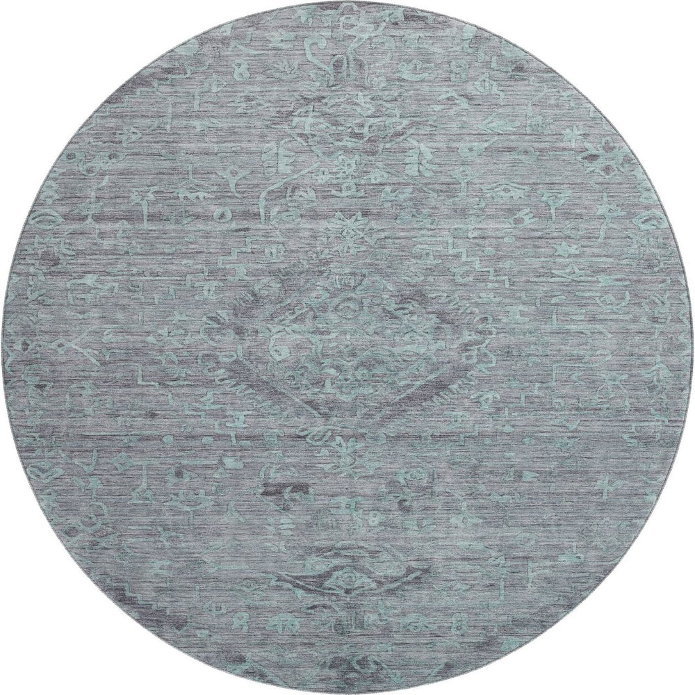 HomeRoots 8' Teal and Gray Medallion Round Rug - Durable, Washable with UV Protection for Stylish Homes 684645