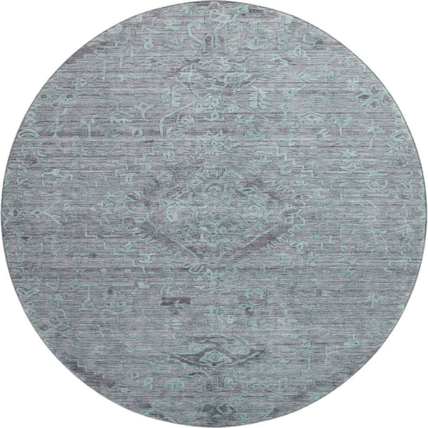 HomeRoots 8' Teal and Gray Medallion Round Rug - Durable, Washable with UV Protection for Stylish Homes 684645