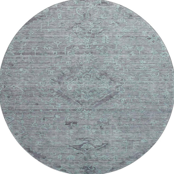 HomeRoots 8' Teal and Gray Medallion Round Rug - Durable, Washable with UV Protection for Stylish Homes 684645