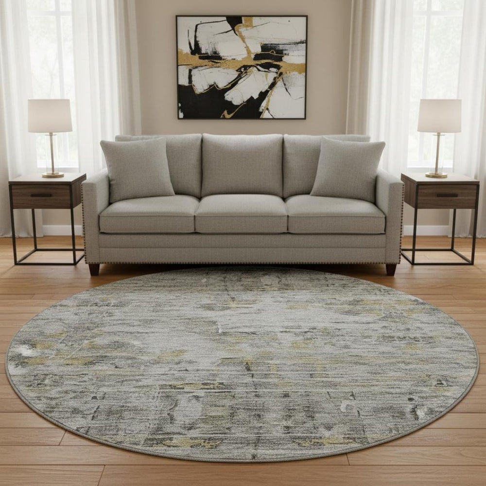 HomeRoots 8' Gray Silver and Gold Abstract Round Rug – Washable, UV Protected, Durable, Stylish for Any Space 684651