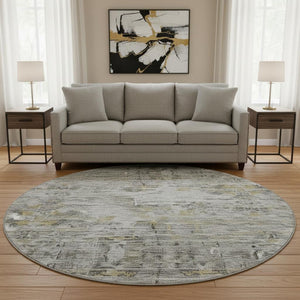 HomeRoots 8' Gray Silver and Gold Abstract Round Rug – Washable, UV Protected, Durable, Stylish for Any Space 684651