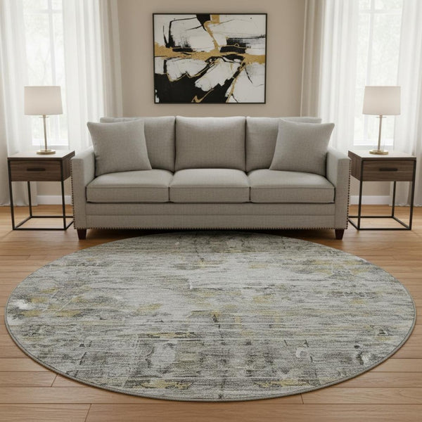 HomeRoots 8' Gray Silver and Gold Abstract Round Rug – Washable, UV Protected, Durable, Stylish for Any Space 684651