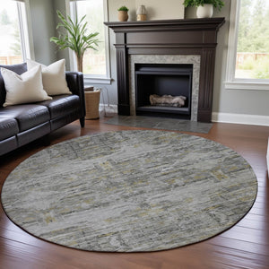 HomeRoots 8' Gray Silver and Gold Abstract Round Rug – Washable, UV Protected, Durable, Stylish for Any Space 684651