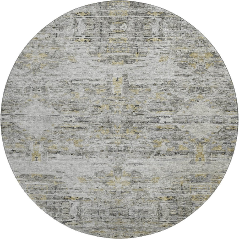 HomeRoots 8' Gray Silver and Gold Abstract Round Rug – Washable, UV Protected, Durable, Stylish for Any Space 684651