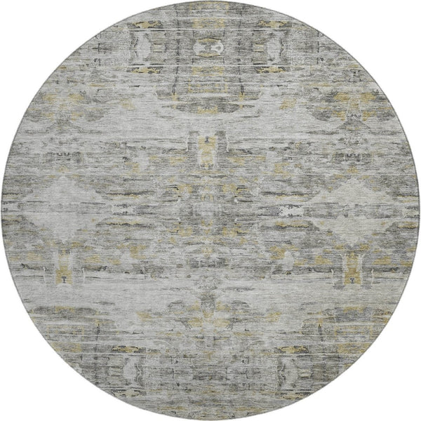 HomeRoots 8' Gray Silver and Gold Abstract Round Rug – Washable, UV Protected, Durable, Stylish for Any Space 684651