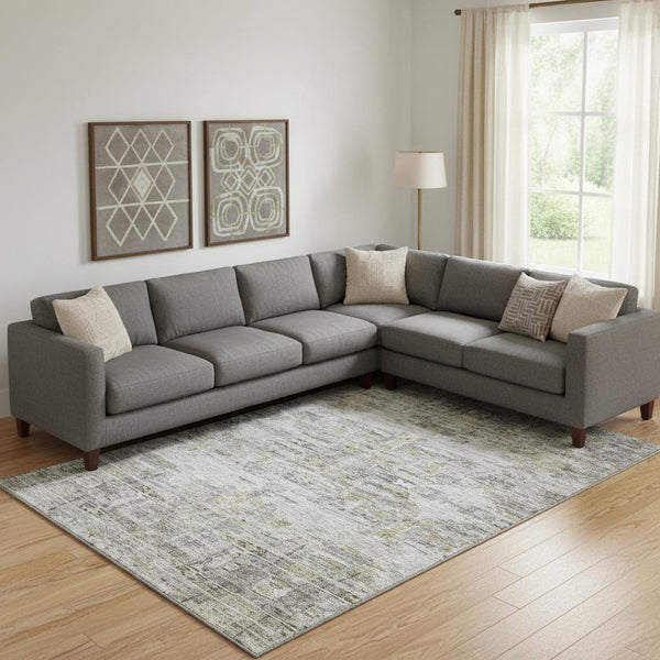 HomeRoots 9' X 12' Gray Silver and Gold Abstract Area Rug - Washable, Stain-Resistant, UV-Protected Elegance! 684653