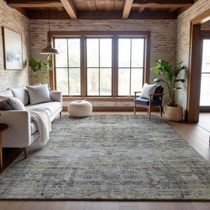 HomeRoots 9' X 12' Gray Silver and Gold Abstract Area Rug - Washable, Stain-Resistant, UV-Protected Elegance! 684653