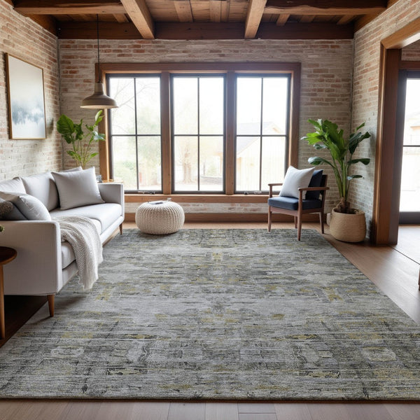 HomeRoots 9' X 12' Gray Silver and Gold Abstract Area Rug - Washable, Stain-Resistant, UV-Protected Elegance! 684653