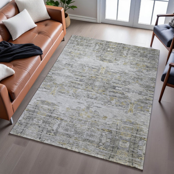 HomeRoots 9' X 12' Gray Silver and Gold Abstract Area Rug - Washable, Stain-Resistant, UV-Protected Elegance! 684653