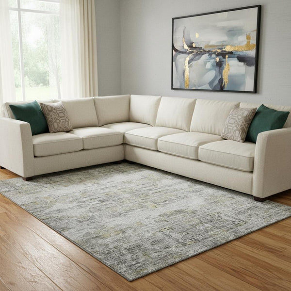 HomeRoots 10' X 14' Gray Silver Gold Abstract Washable Rug - Stylish, Stain-Resistant, UV-Protected Design! 684654
