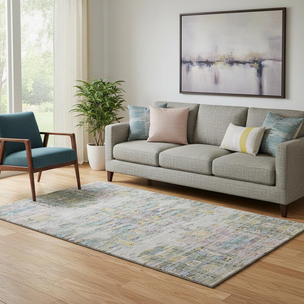 HomeRoots 5' X 8' Abstract Gold and Teal Area Rug – Washable, UV-Protected, Durable Style for Busy Homes 684656