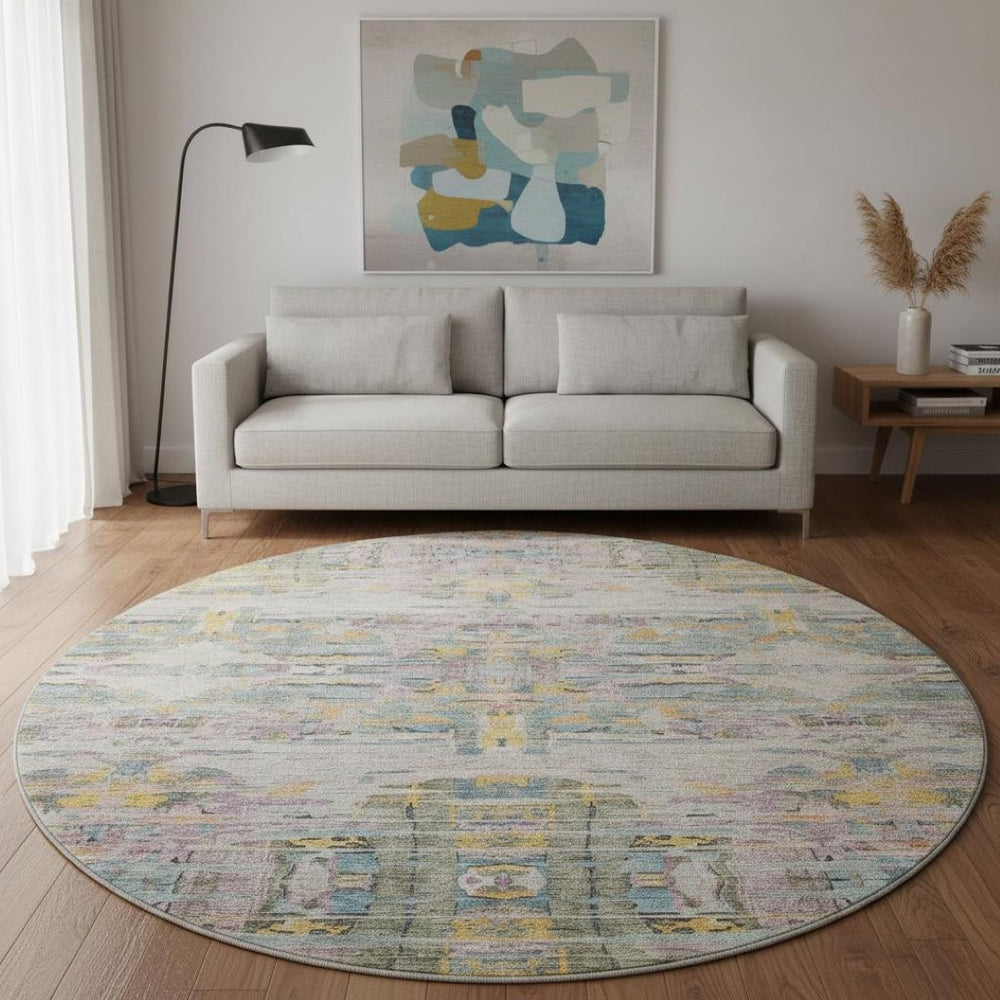 HomeRoots 8' Washable Round Rug in Linen Gold & Teal Abstract Design - UV Protected, Durable & Stain-Resistant! 684657