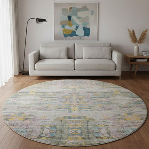 HomeRoots 8' Washable Round Rug in Linen Gold & Teal Abstract Design - UV Protected, Durable & Stain-Resistant! 684657
