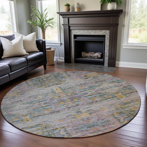 HomeRoots 8' Washable Round Rug in Linen Gold & Teal Abstract Design - UV Protected, Durable & Stain-Resistant! 684657