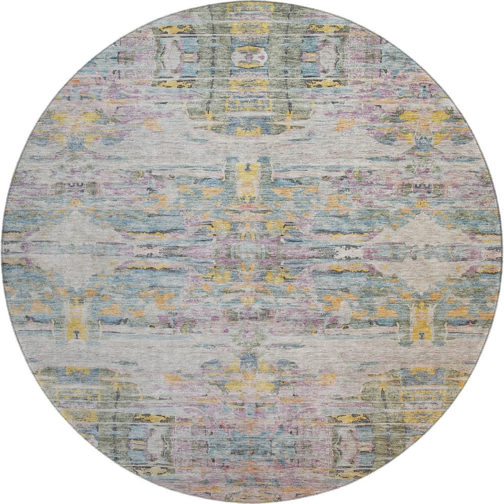 HomeRoots 8' Washable Round Rug in Linen Gold & Teal Abstract Design - UV Protected, Durable & Stain-Resistant! 684657