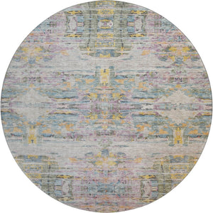HomeRoots 8' Washable Round Rug in Linen Gold & Teal Abstract Design - UV Protected, Durable & Stain-Resistant! 684657