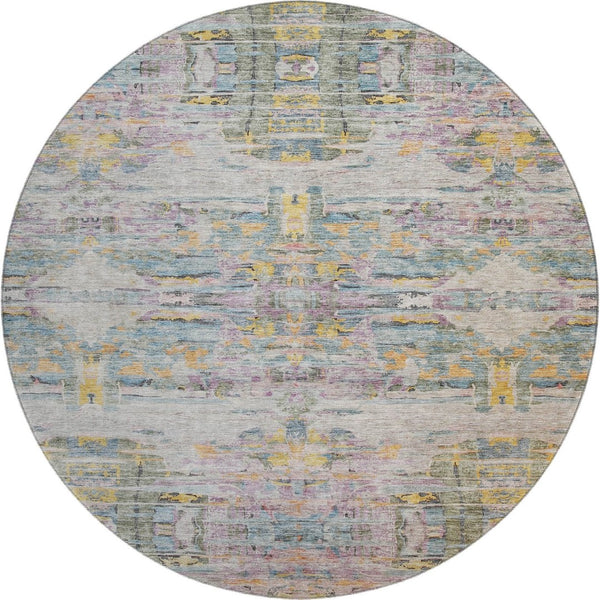 HomeRoots 8' Washable Round Rug in Linen Gold & Teal Abstract Design - UV Protected, Durable & Stain-Resistant! 684657