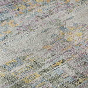 HomeRoots 8' Washable Round Rug in Linen Gold & Teal Abstract Design - UV Protected, Durable & Stain-Resistant! 684657