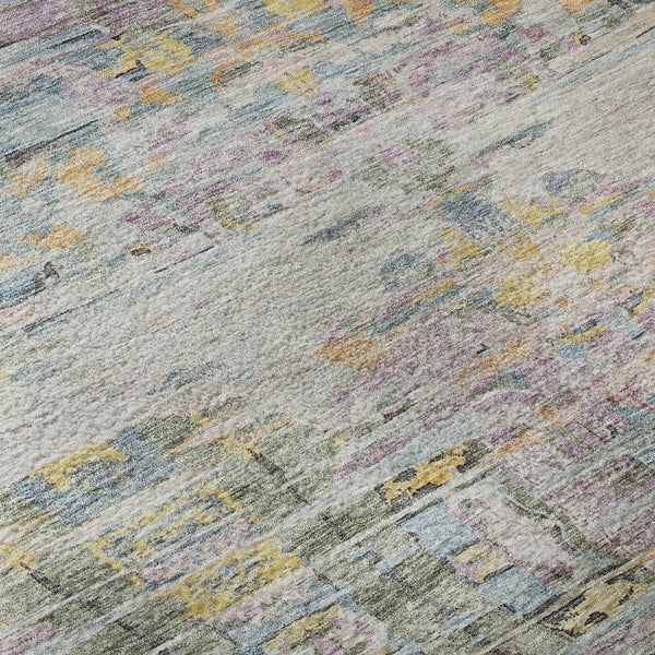HomeRoots 8' Washable Round Rug in Linen Gold & Teal Abstract Design - UV Protected, Durable & Stain-Resistant! 684657