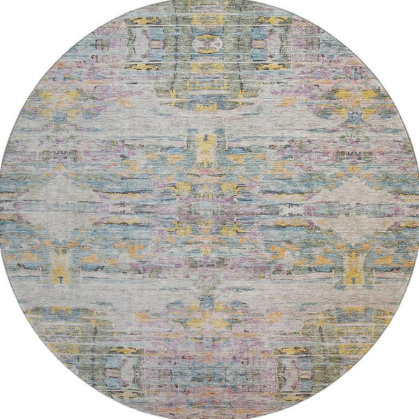 HomeRoots 8' Washable Round Rug in Linen Gold & Teal Abstract Design - UV Protected, Durable & Stain-Resistant! 684657