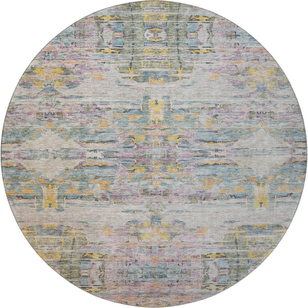 HomeRoots 8' Washable Round Rug in Linen Gold & Teal Abstract Design - UV Protected, Durable & Stain-Resistant! 684657