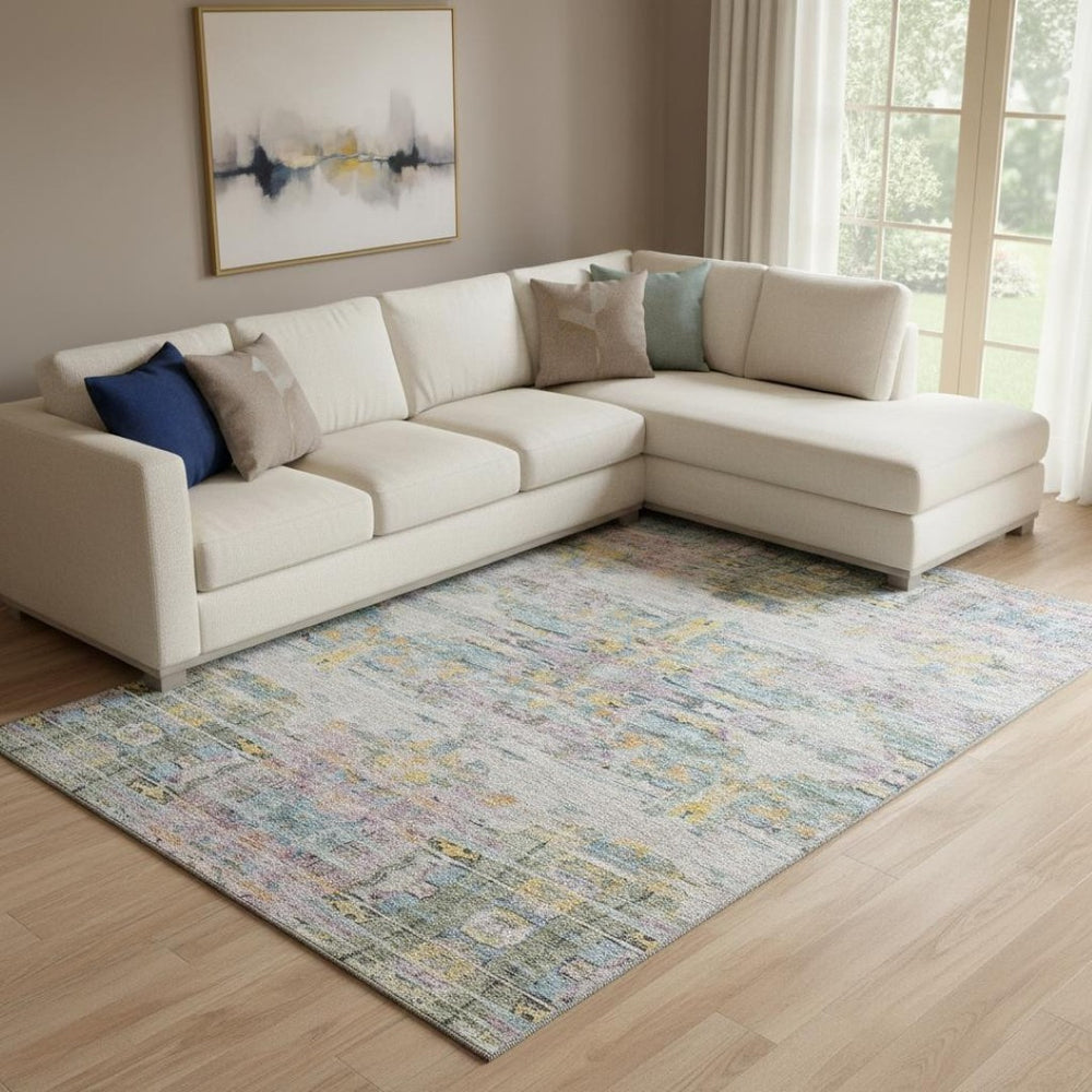 HomeRoots 8' X 10' Abstract Linen Gold and Teal Washable Area Rug - Durable, Stain-Resistant, UV Protected Design 684658