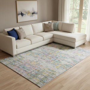 HomeRoots 8' X 10' Abstract Linen Gold and Teal Washable Area Rug - Durable, Stain-Resistant, UV Protected Design 684658