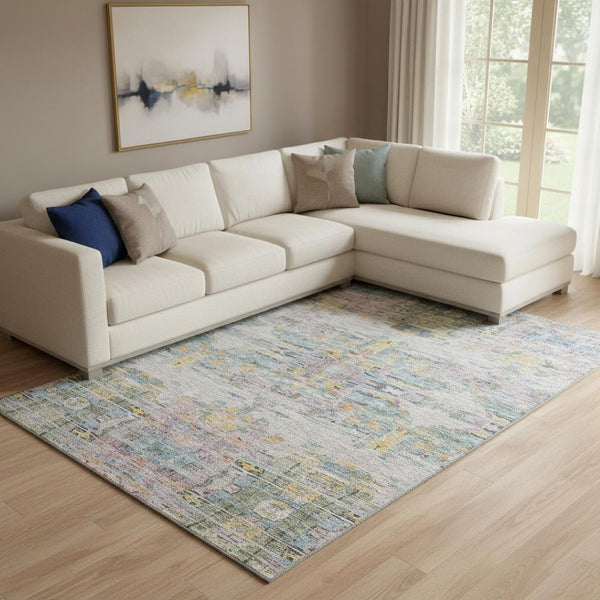 HomeRoots 8' X 10' Abstract Linen Gold and Teal Washable Area Rug - Durable, Stain-Resistant, UV Protected Design 684658