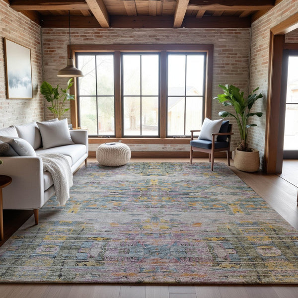 HomeRoots 8' X 10' Abstract Linen Gold and Teal Washable Area Rug - Durable, Stain-Resistant, UV Protected Design 684658