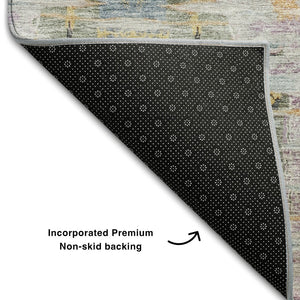 HomeRoots 8' X 10' Abstract Linen Gold and Teal Washable Area Rug - Durable, Stain-Resistant, UV Protected Design 684658