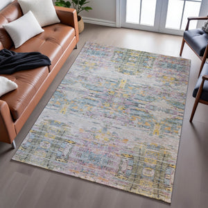 HomeRoots 8' X 10' Abstract Linen Gold and Teal Washable Area Rug - Durable, Stain-Resistant, UV Protected Design 684658