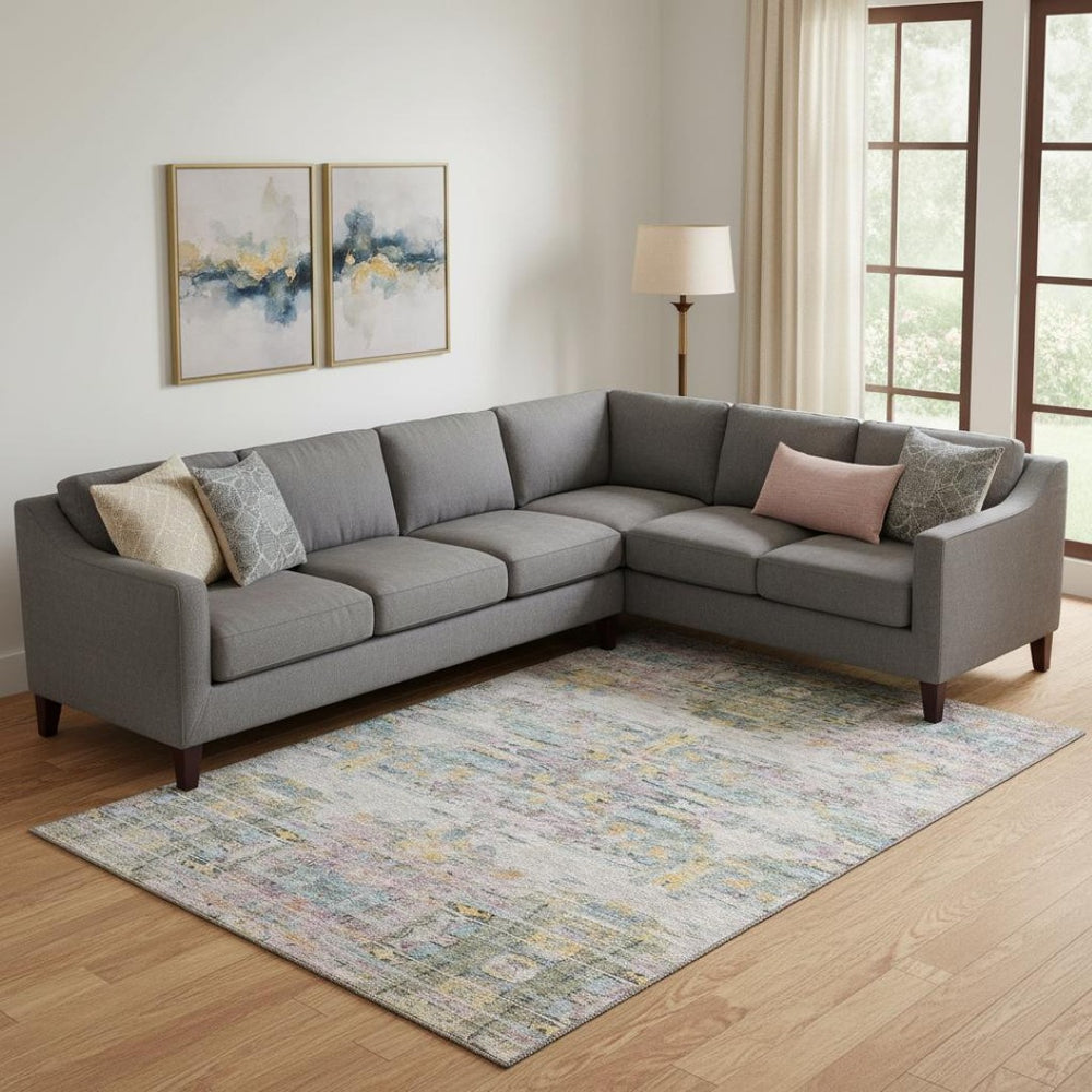 HomeRoots 9' X 12' Abstract Area Rug in Linen Gold & Teal - Washable, UV Protected, Pet-Friendly Design 684659