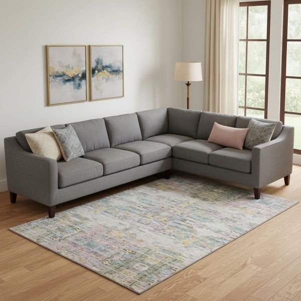 HomeRoots 9' X 12' Abstract Area Rug in Linen Gold & Teal - Washable, UV Protected, Pet-Friendly Design 684659