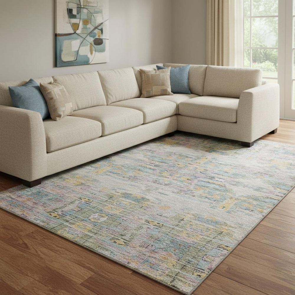 HomeRoots 10' X 14' Stylish Gold & Teal Abstract Area Rug - Washable, UV-Protected, Perfect for Family Spaces! 684660