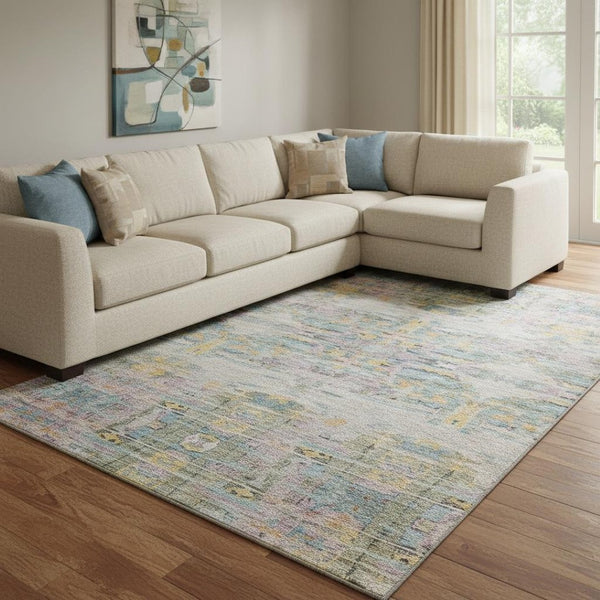 HomeRoots 10' X 14' Stylish Gold & Teal Abstract Area Rug - Washable, UV-Protected, Perfect for Family Spaces! 684660